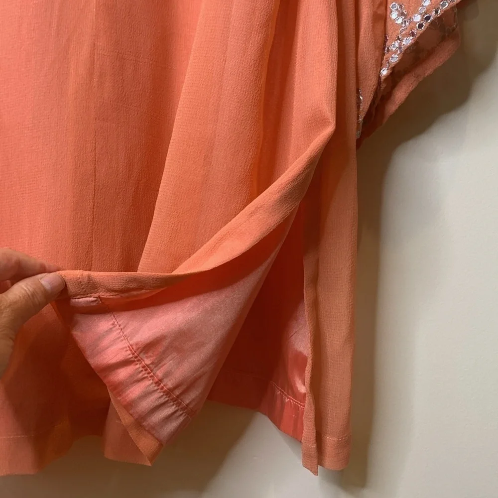 Adrienne Landau | Vintage Peach Sequin Lined Sheer Bell Sleeve Kaftan Dress S/M